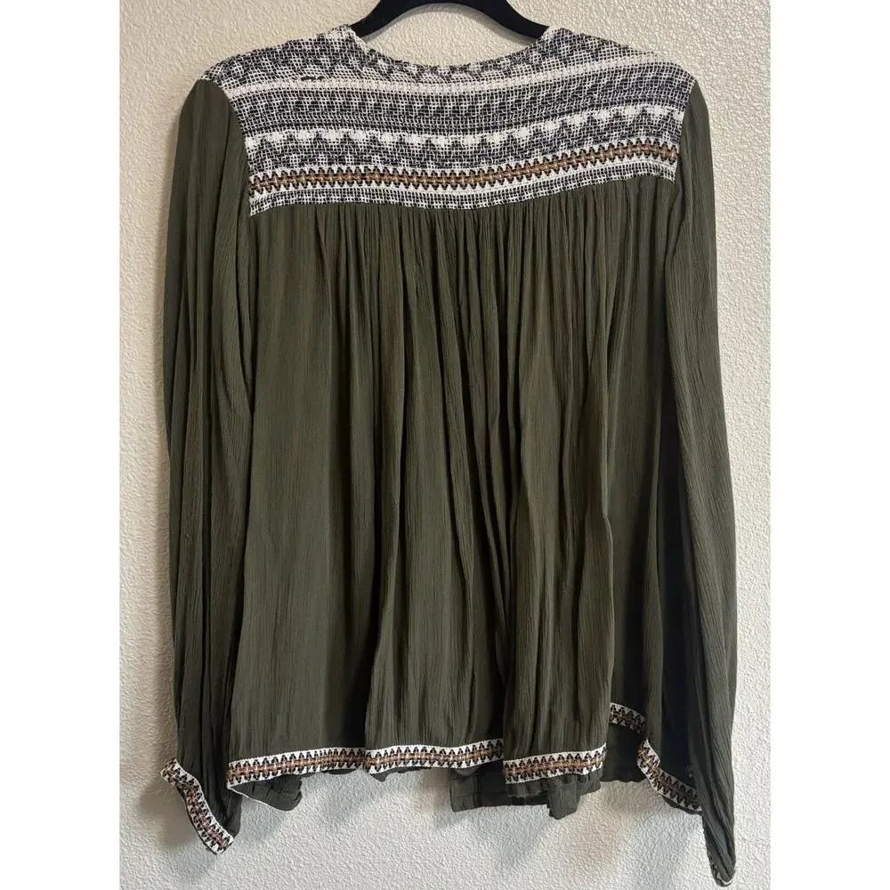 Kimono Cardigan Embroidered Boho Earthy Tassel Gauze Olive Green Tribal Size L